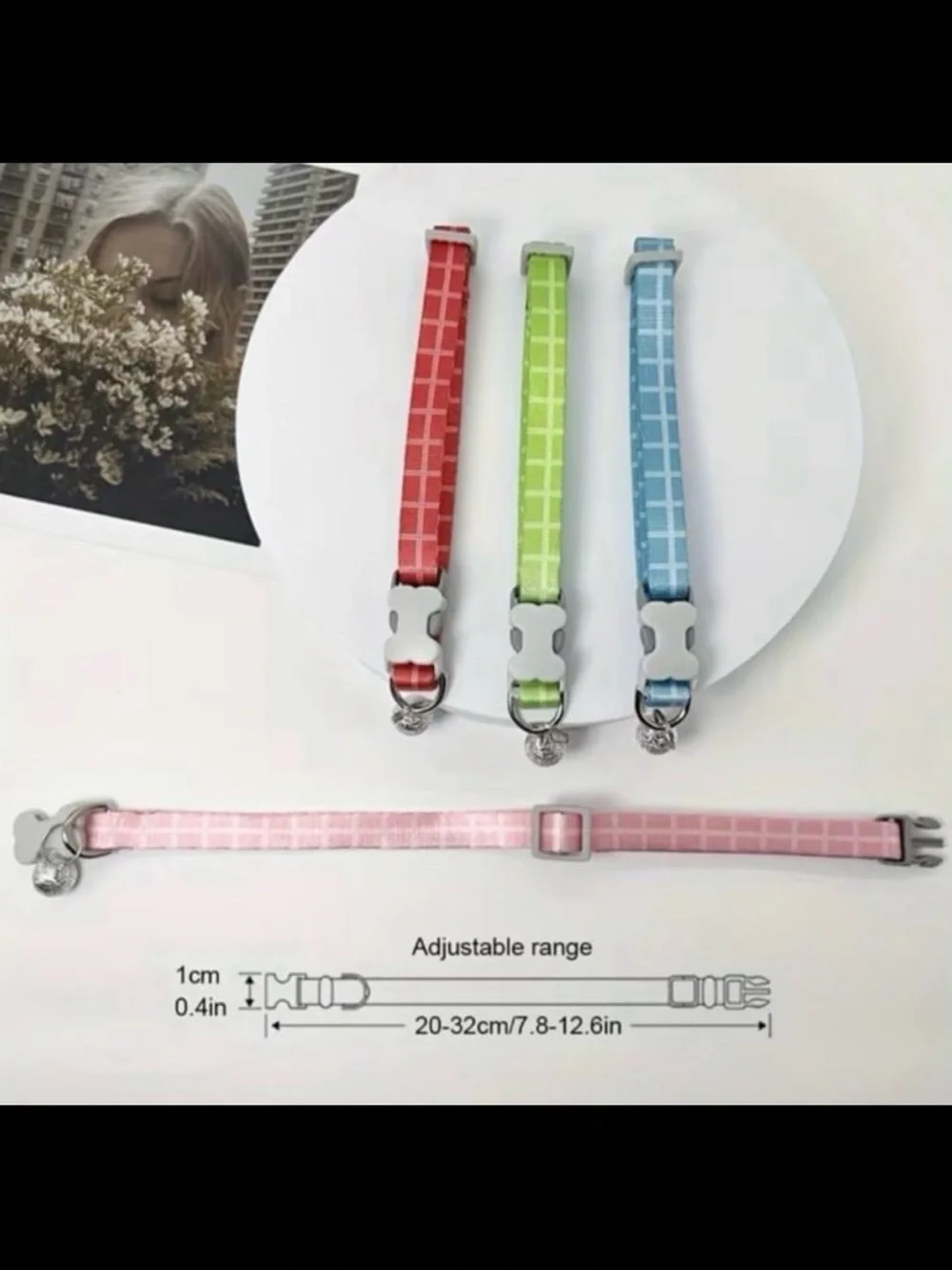 Dog Collar Light Blue Plaid with Bell Adjustable for Puppy’s to Small Dogs NEW